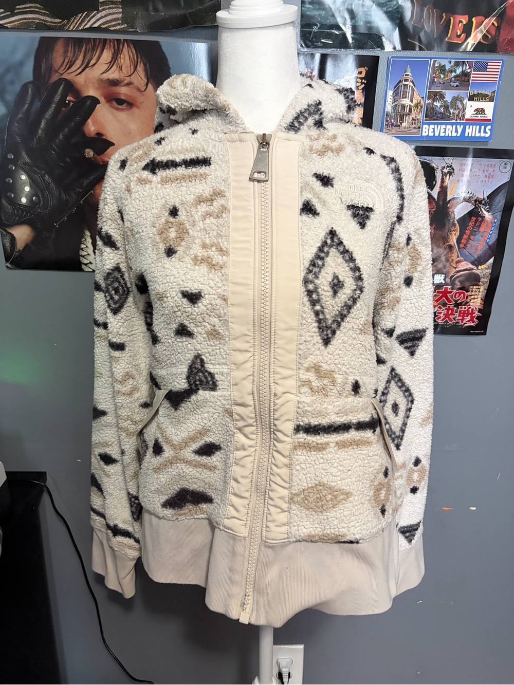 The North Face Cream Sherpa Zip Hoodie with Black & Tan Accents